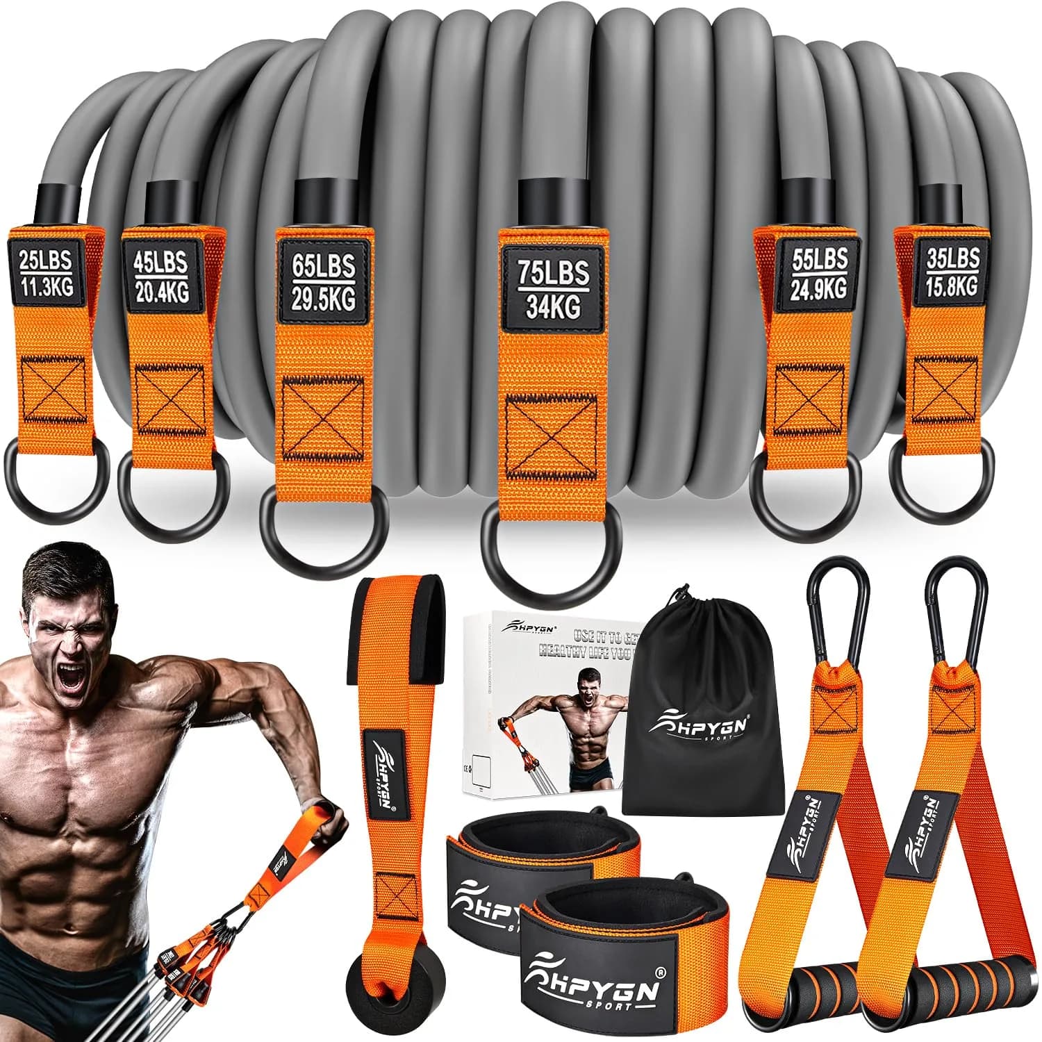 HPYGN 420lbs Heavy Resistance Bands Set with Handles, Door Anchor & Ankle Straps | 2.15 kg (4.74 lb) Total Resistance — Orange / 420LBS