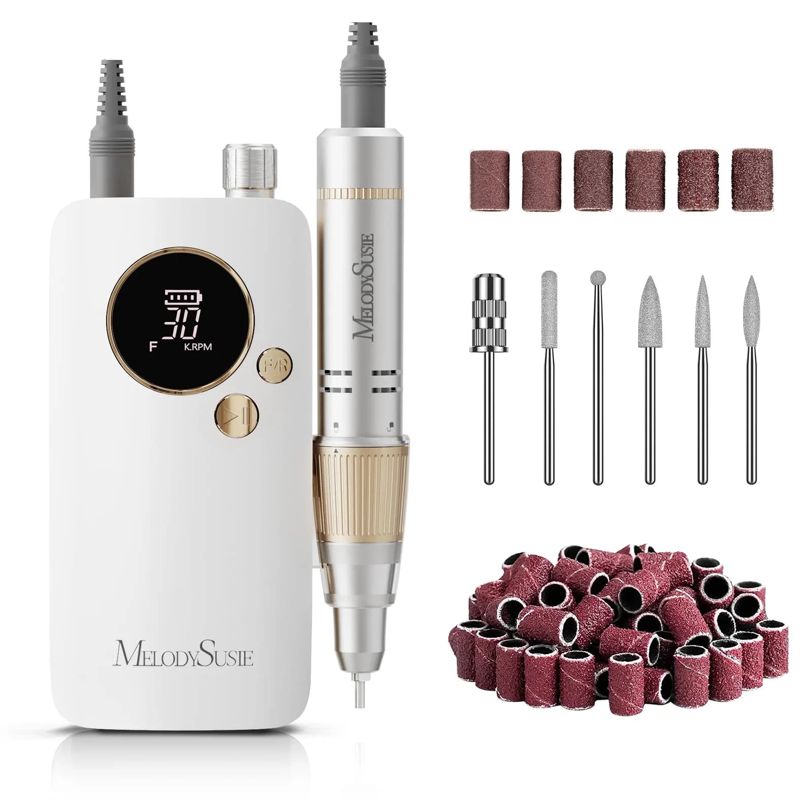 MelodySusie SC320F Rechargeable Nail Drill 30,000 RPM Rose | Beginner-Friendly Cordless Efile with HD LED Display — White