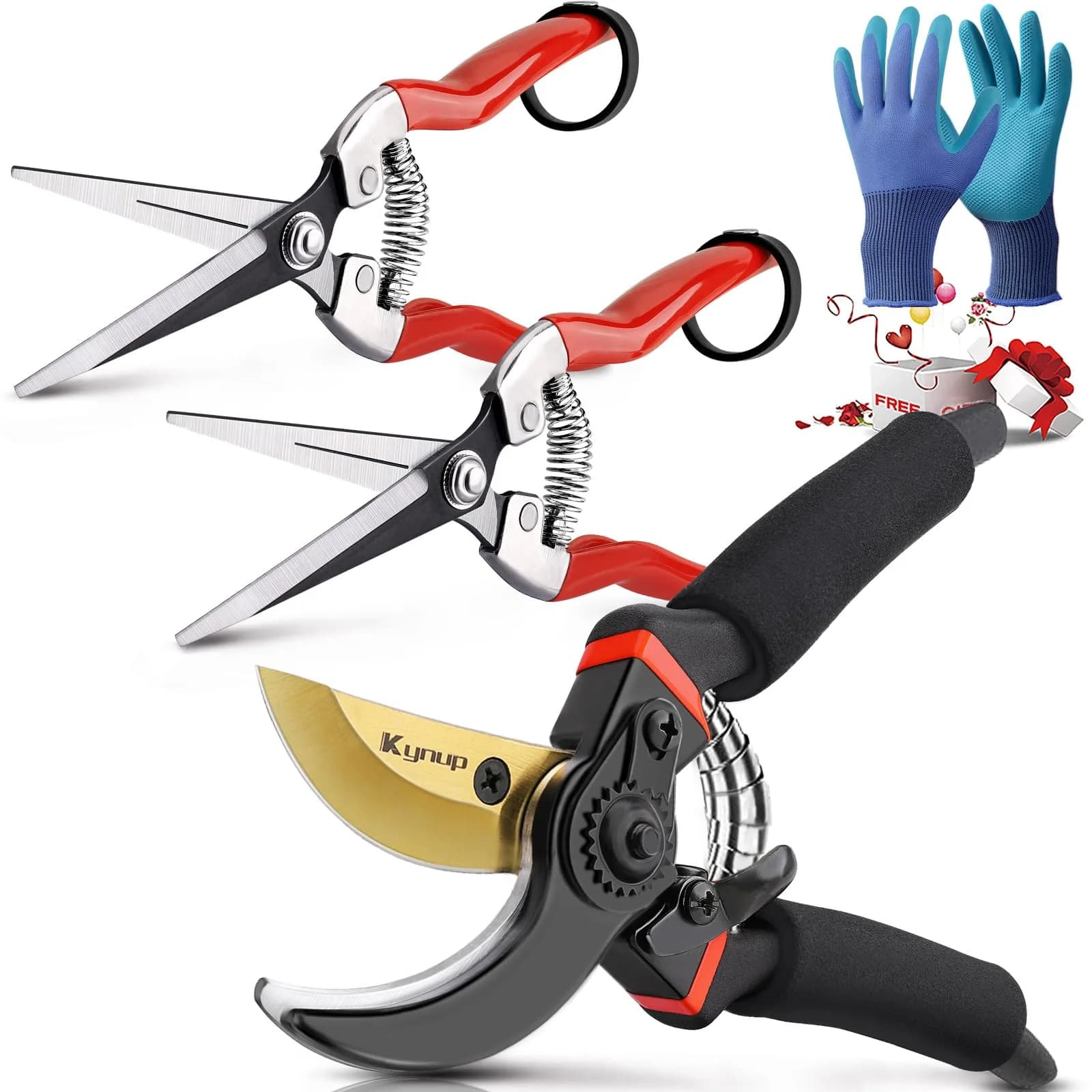 Kynup 3-Pack Bypass Pruning Shears Set with Gloves | Stainless Steel Blades & Soft Grip Handles
