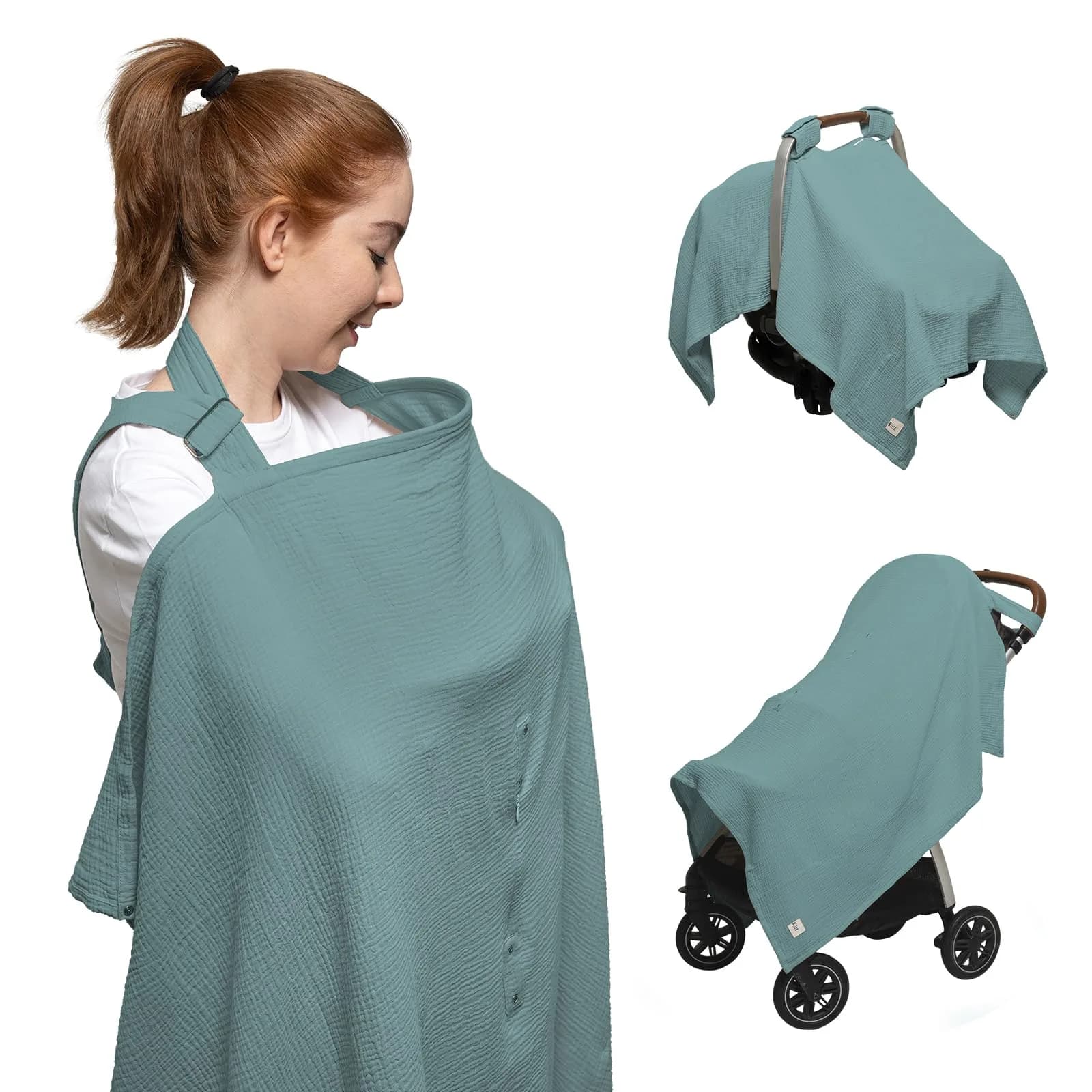 Nilsa 5-in-1 Muslin Nursing Cover 117cm x 91cm | Breathable Cotton Privacy Apron for Breastfeeding & Car Seat — Mint Green / Apron