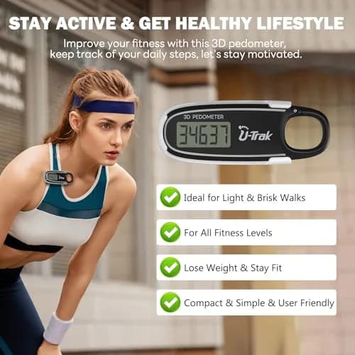 U-Trak 3D Pedometer for Walking with Clip & Carabiner, Simple Step Counter 2.54 cm (1 inch) | Accurate Step Tracker for Men Women Kids thumbnail 7