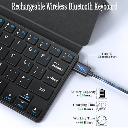Kenkor Portable Wireless Mini Keyboard with Adjustable Stand | Bluetooth, Rechargeable, Compact & Lightweight thumbnail 3