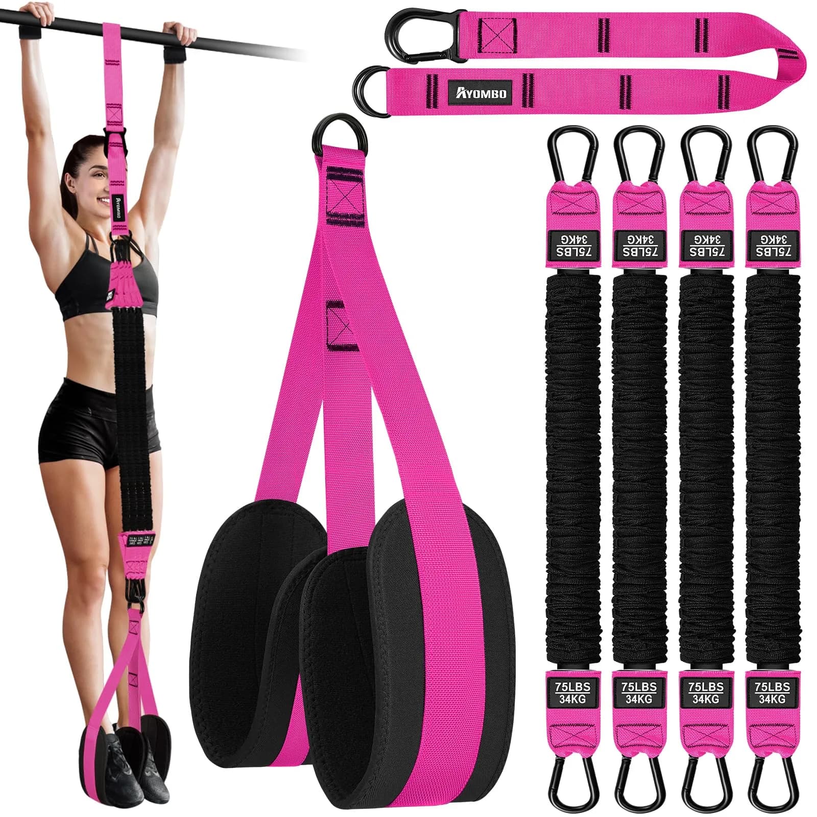 Ayombo Adjustable Pull Up Assistance Bands Set | 75lb-300lb Resistance, Natural Rubber Latex Tubes, 1.36kg (3lb) — Red