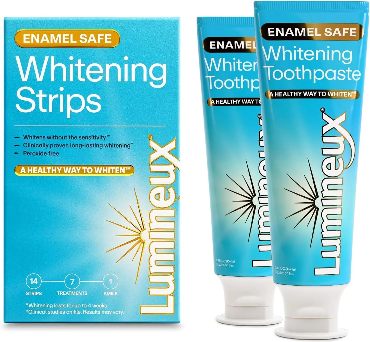 Lumineux Whitening Starter Set 7 Strip Treatments & 2 Pack Toothpaste | Peroxide-Free Enamel-Safe Whitening