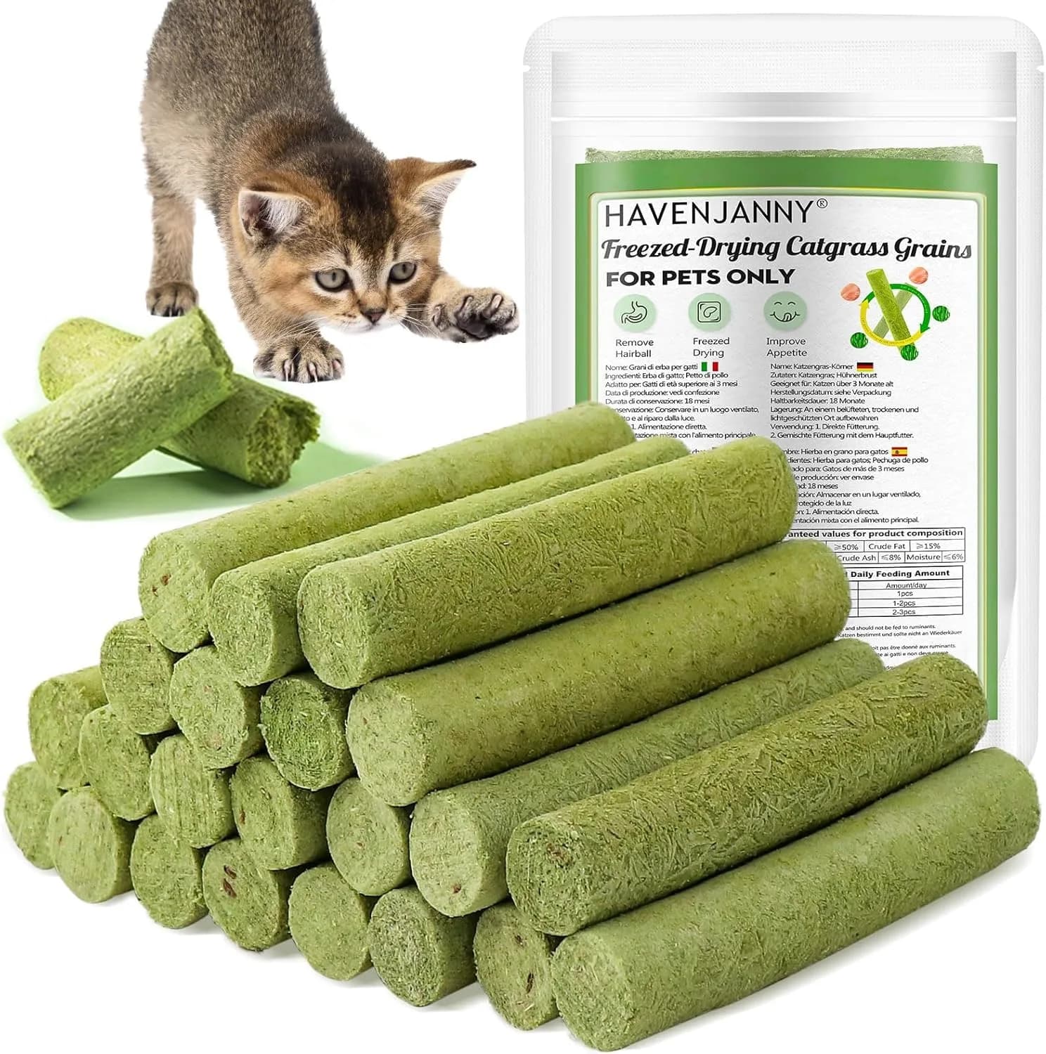HavenJanny Cat Grass Teething Stick with Chicken 50g (1.76 oz) | Hairball Control & Dental Health — Cat Grass / 3.52 Ounce