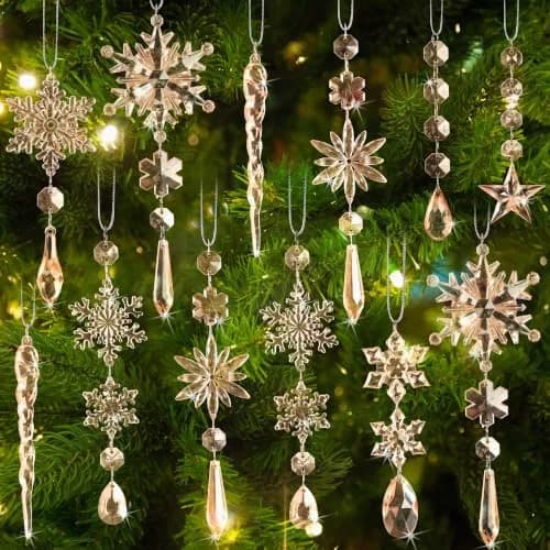 GuassLee Crystal Ornaments for Christmas Tree Winter Wonderland Decorations 20 pcs (0.222 kg) | Sparkling Champagne Acrylic Icicle & Snowflake Drops thumbnail 1