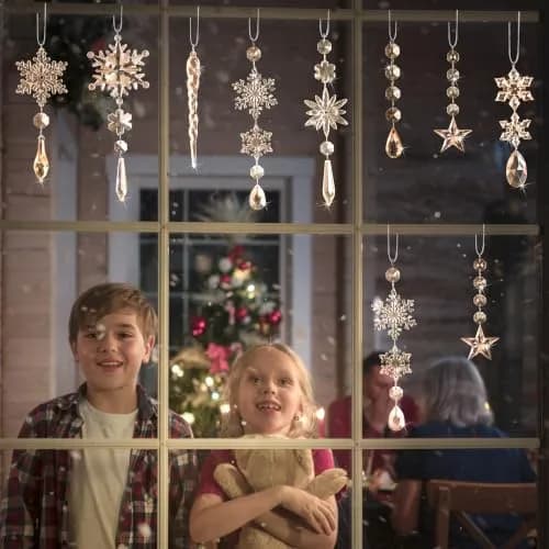 GuassLee Crystal Ornaments for Christmas Tree Winter Wonderland Decorations 20 pcs (0.222 kg) | Sparkling Champagne Acrylic Icicle & Snowflake Drops thumbnail 7