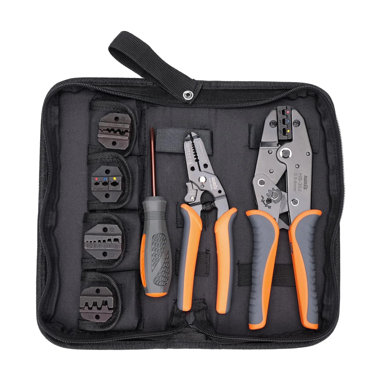 IWISS Ratchet Wire Crimping Tool Set with 5 Interchangeable Jaws & Wire Stripper | 1 Kg Tool Set — Orange