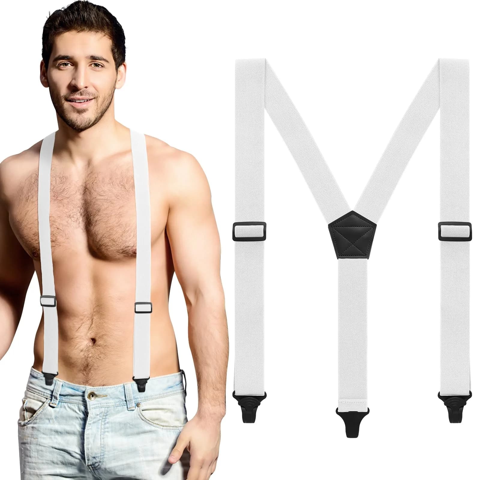 Jiuguva Men Hidden Undershirt Suspender Under Clothing Y 1.5in,Black | Airport Friendly, Heavy Duty, Adjustable — White