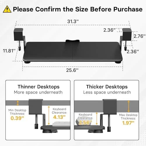 BONTEC Under Desk Keyboard Tray, Pull-Out Platform for Ergonomic Workspace | Fits Desks Up to 1.97" thumbnail 2