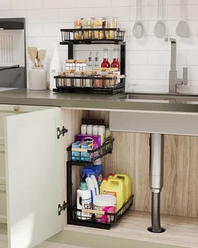 Hahaemall Under Sink Organizer Storage 1 Pack | Sliding 2 Tier Metal Rack for Kitchen & Bathroom thumbnail 2