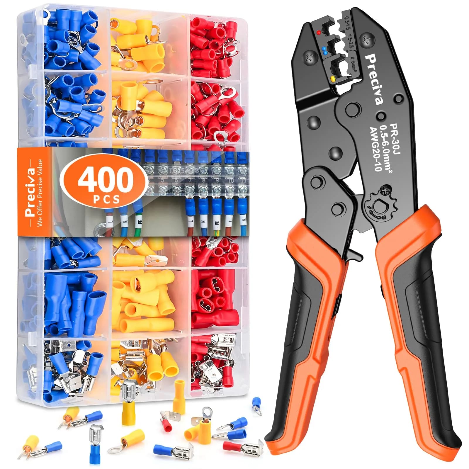 Preciva Ratcheting Wire Terminal Crimper Kit AWG20-10 (0.5-6mm²) with 400 Insulated Connectors | Professional Electrical Tool — RC50400