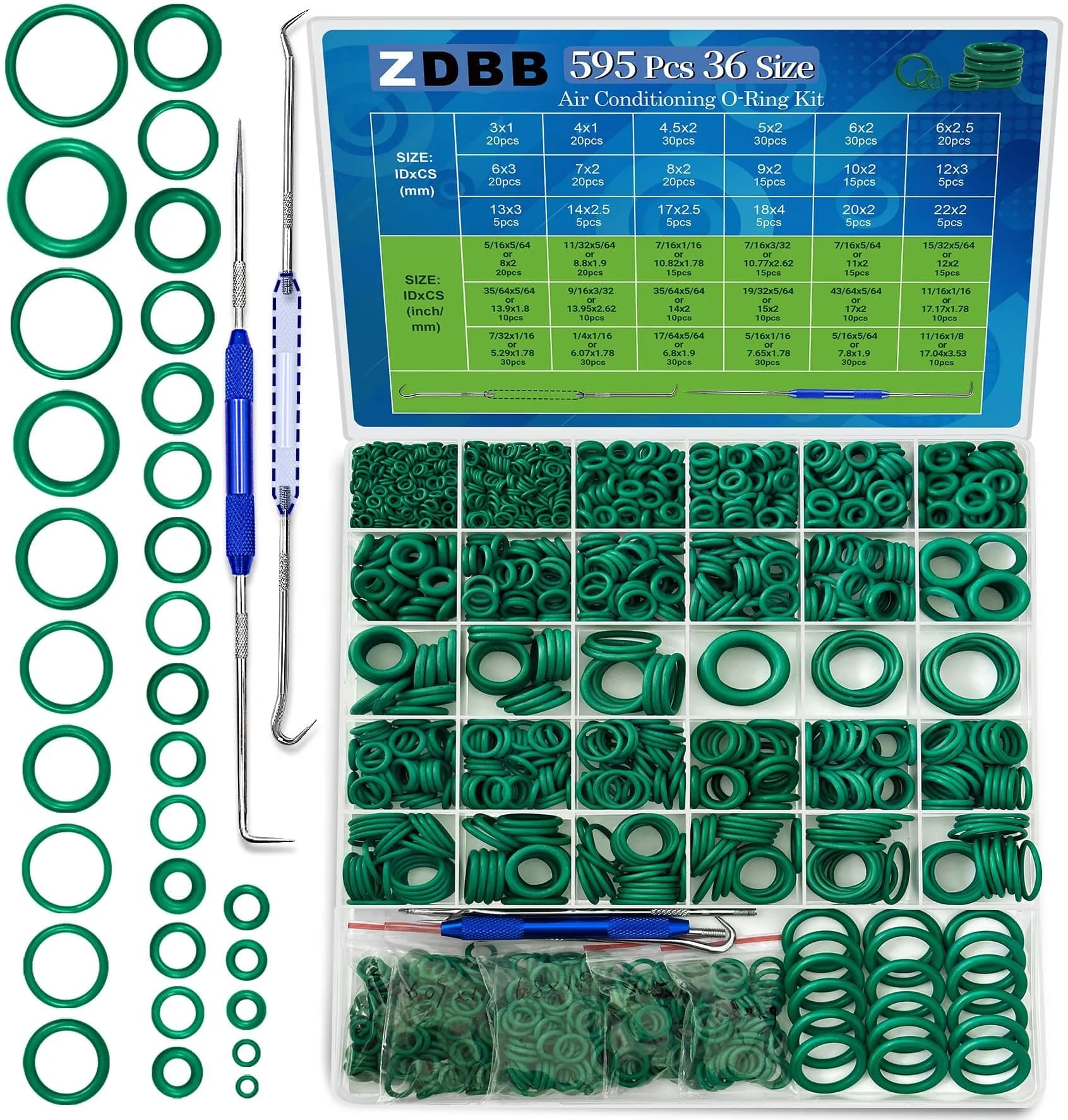 ZDBB 595 Pcs Green Automotive AC O-Ring Kit | Nitrile Rubber (NBR 70) for Car AC, Faucets & Plumbing