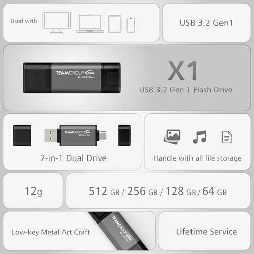 TEAMGROUP X1 128GB USB 3.2 Gen 1 Type-A & Type-C Flash Drive 128 GB | Dual Interface OTG Data Storage thumbnail 7