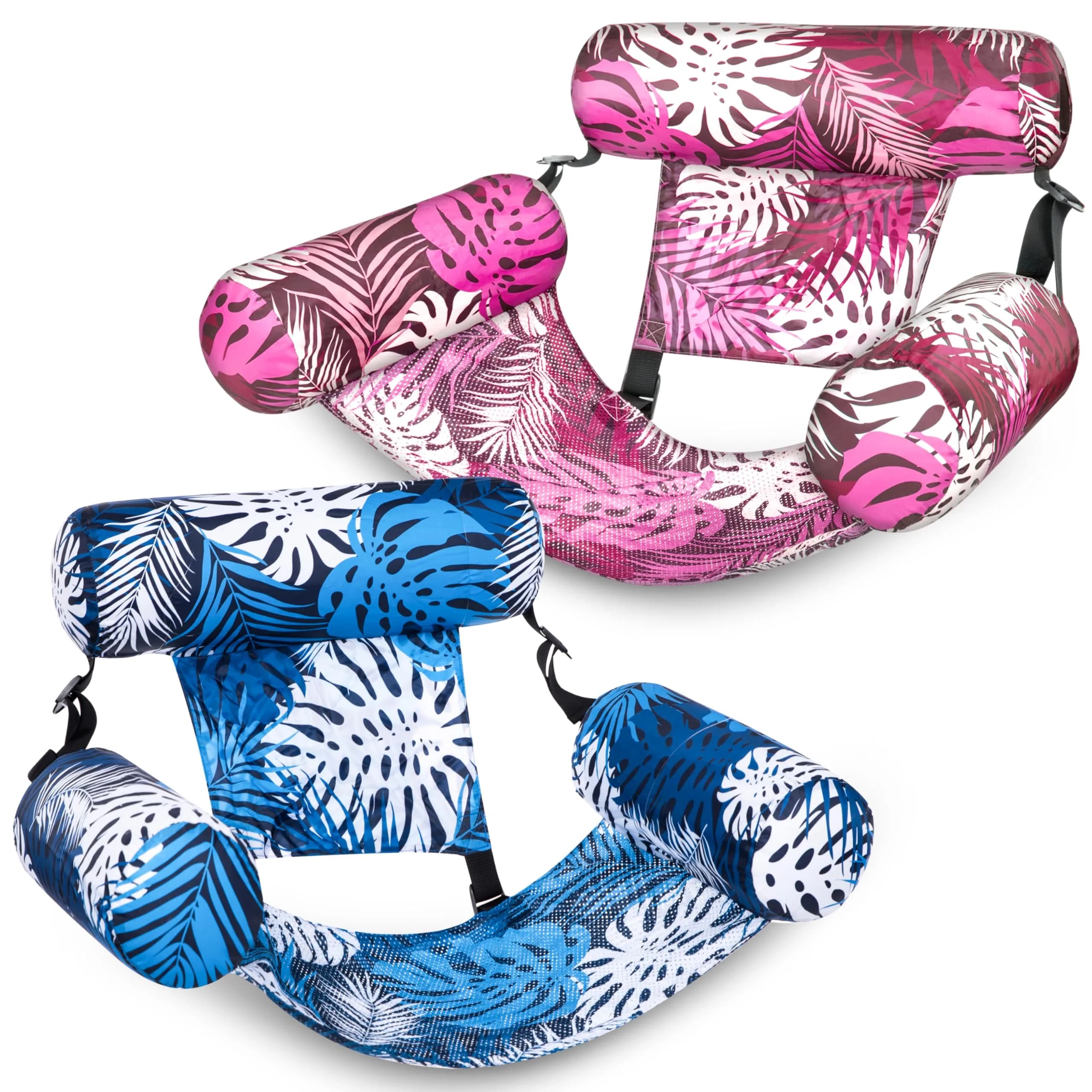 Sloosh Inflatable Pool Floats Adult 2-Pack | Tropical Leaves Pink Blue | 76cm x 41cm x 61cm (30"x16"x24")