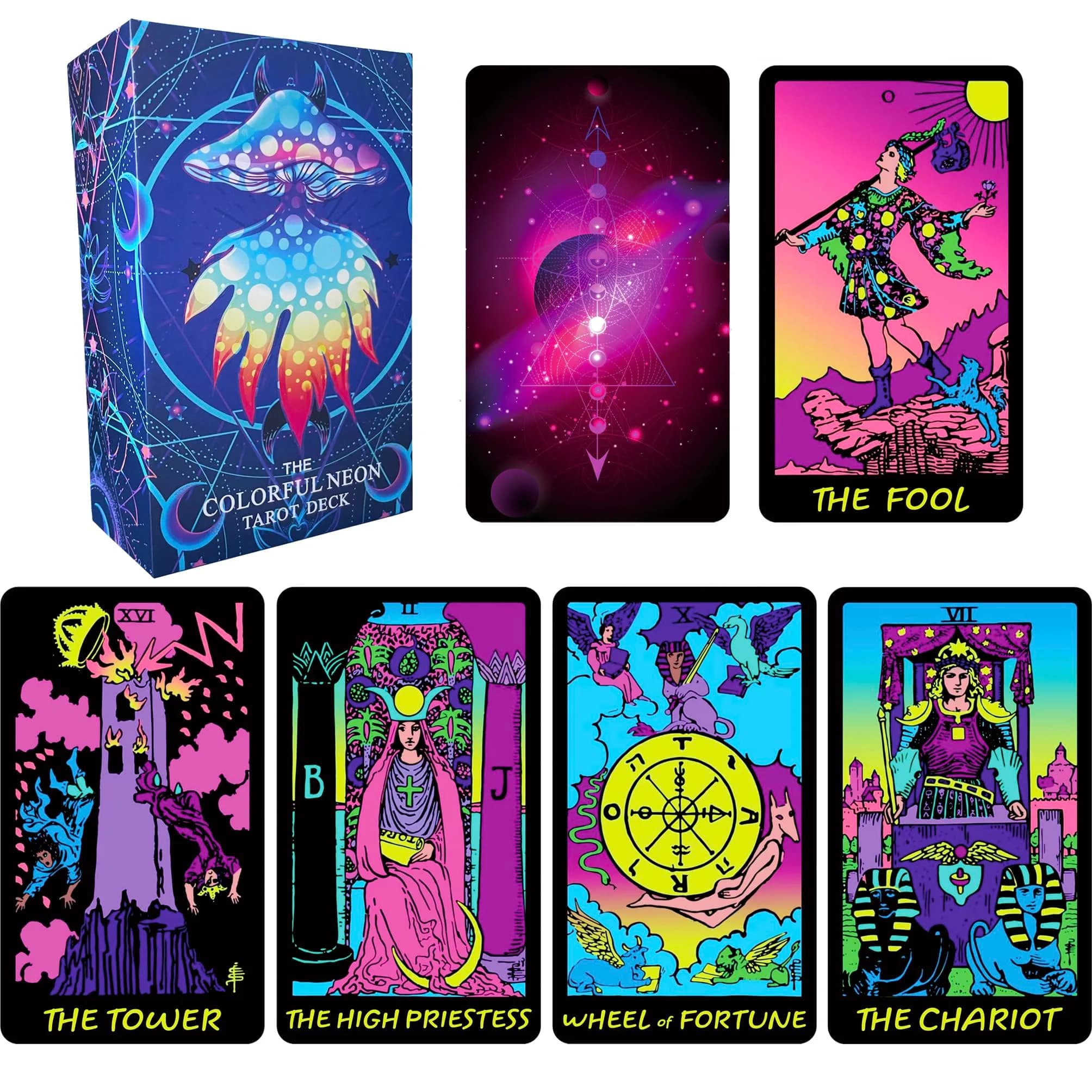 Jrskvaro Colorful Neon Tarot Cards Deck with Guidebook for Beginners | 78 Classic Cards & Meanings
