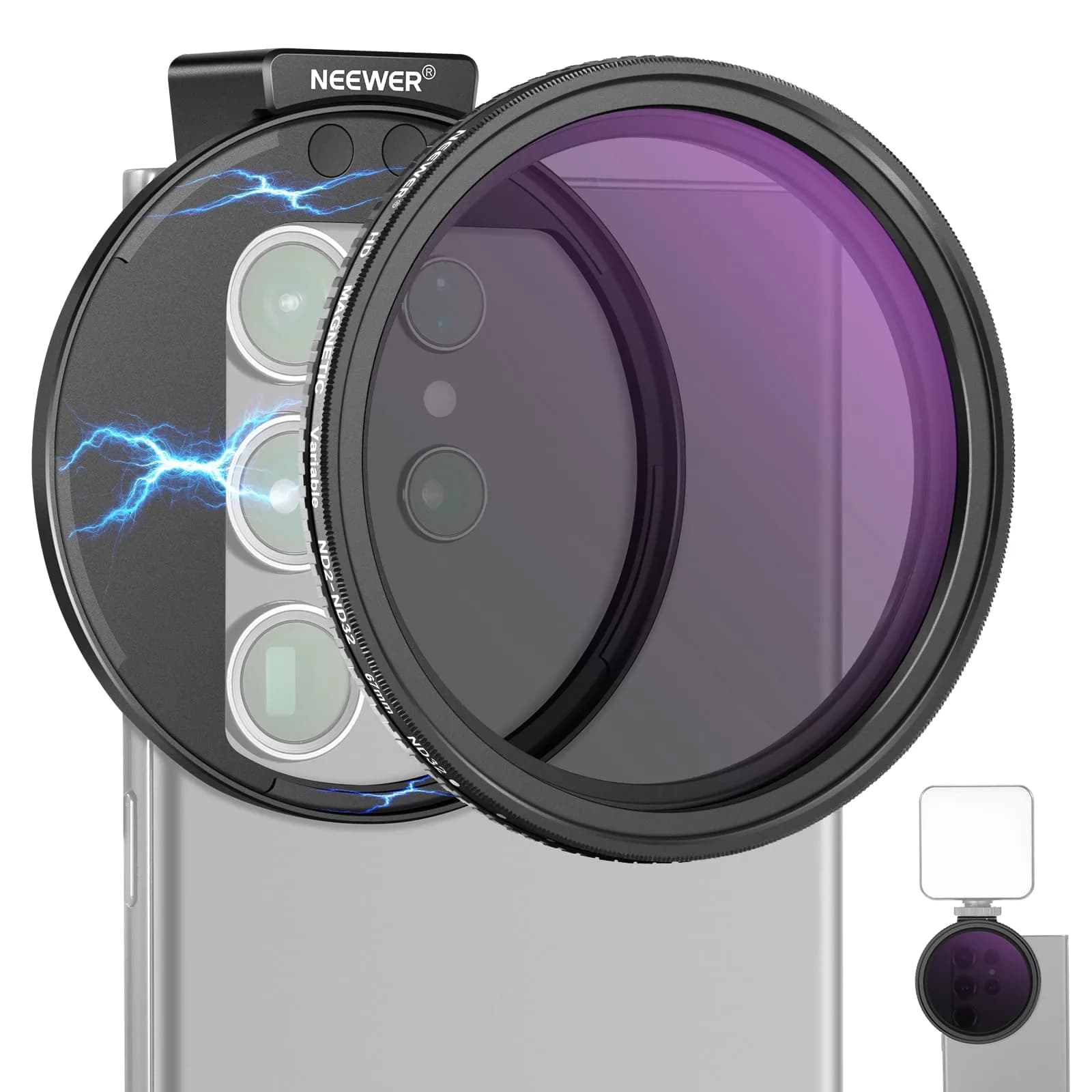 NEEWER 67mm Variable ND2-ND32 Phone Lens Filter Kit with Cold Shoe Clip | 1 to 5 Stops Light Reduction - main product image