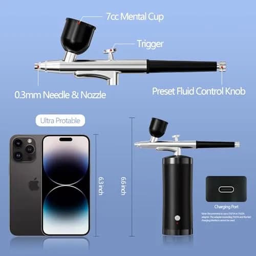 crpen Airbrush Kit with Compressor 48PSI | Rechargeable Cordless 0.3mm Nozzle for Art, Nails, Cake, Makeup (Black) | US Import thumbnail 2