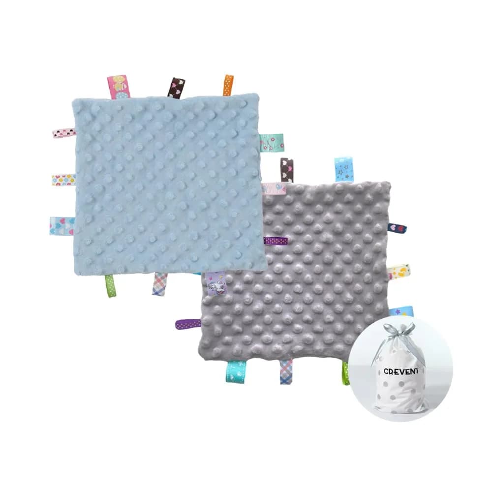 CREVENT Baby Security Blanket 10"X10" | Soft Minky Sensory Comforter for Newborns & Infants — Blue + Grey Tag