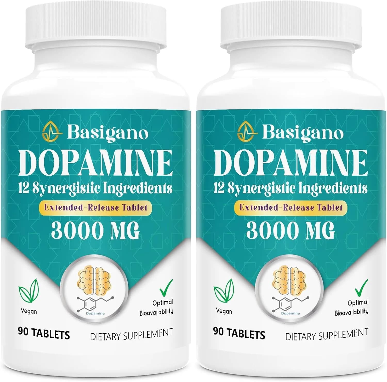 Basigano Dopamine Supplement for Women & Men | Natural Brain Support, Vegan, 90 Count (Pack of 2) - main product image