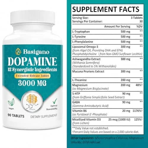 Basigano Dopamine Supplement for Women & Men | Natural Brain Support, Vegan, 90 Count (Pack of 2) thumbnail 2