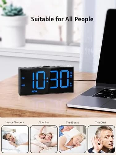 PPLEE Vibrating Alarm Clock with Bed Shaker & USB Charger, 18.7cm (7.5-Inch) Display, Blue thumbnail 7