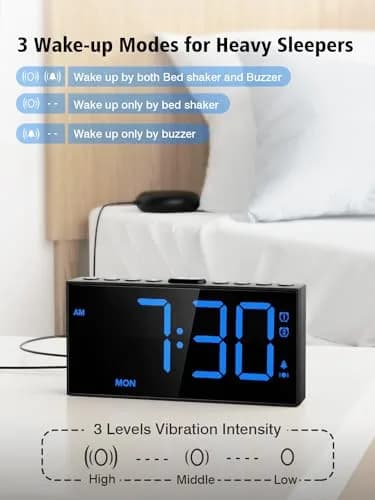 PPLEE Vibrating Alarm Clock with Bed Shaker & USB Charger, 18.7cm (7.5-Inch) Display, Blue thumbnail 2