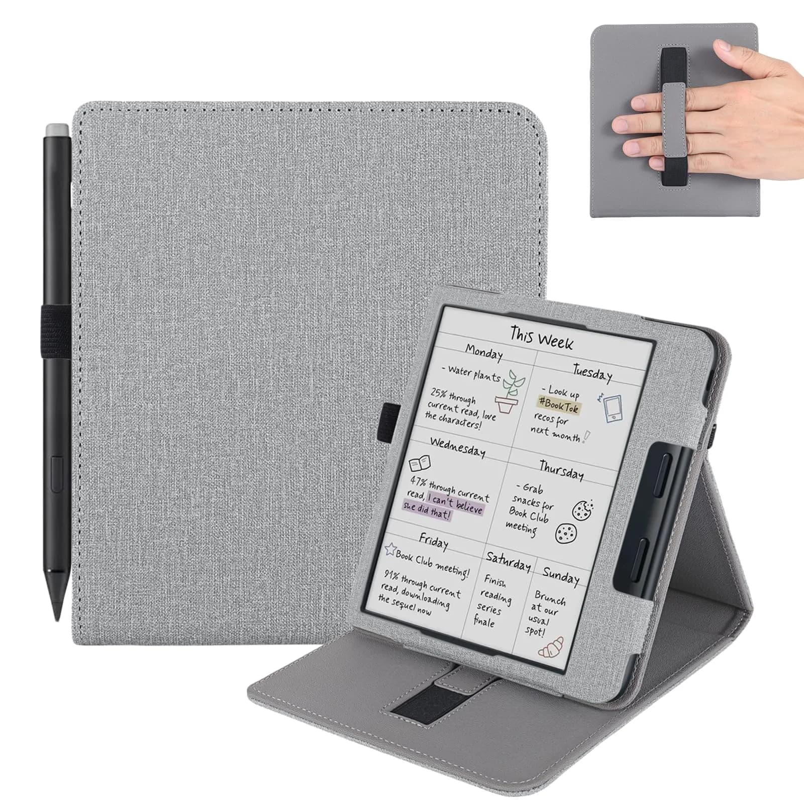 Vakarey Grey PU Leather Case for Kobo Libra Colour & Libra 2 (7-Inch) with Pen Holder & Hand Strap | Auto Sleep Wake - main product image