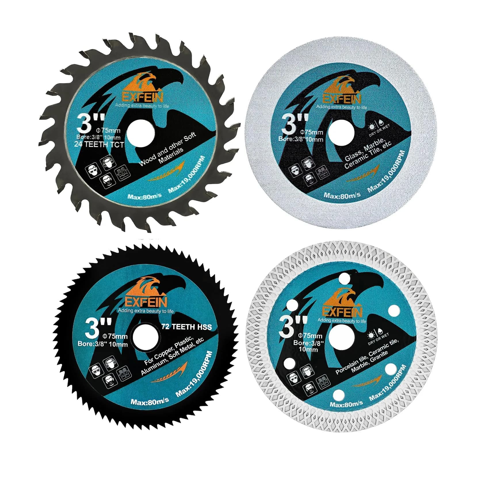 EXFEIN 3 Inch Circular Saw Blade Set 4pcs for Cutting Tile Glass Soft Metal Wood Plastic Diamond Disc | Versatile & Durable