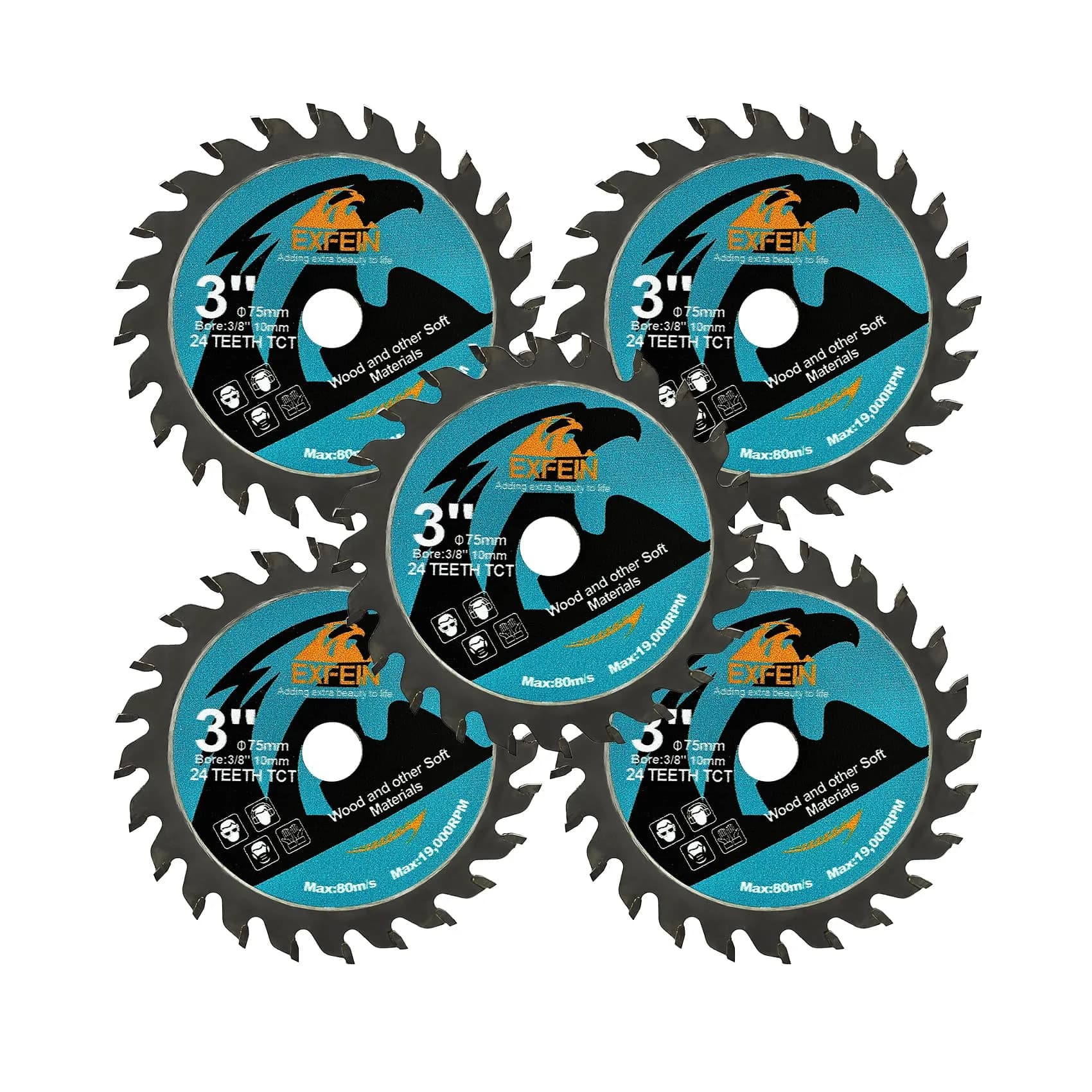 EXFEIN 75mm (3 Inch) 5-Piece Wood Cutting Disc Set with 10mm Arbor | 24T Carbide Tipped Blades for Wood, Plastic, Composites — 75mm