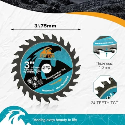 EXFEIN 75mm (3 Inch) 5-Piece Wood Cutting Disc Set with 10mm Arbor | 24T Carbide Tipped Blades for Wood, Plastic, Composites thumbnail 2