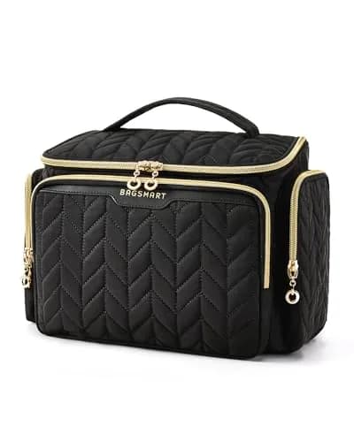 BAGSMART Large Wide-open Travel Toiletry Bag with Handle, Black | Puffy Nylon Fabric, Waterproof Pocket, 6+ Inner Pockets thumbnail 1