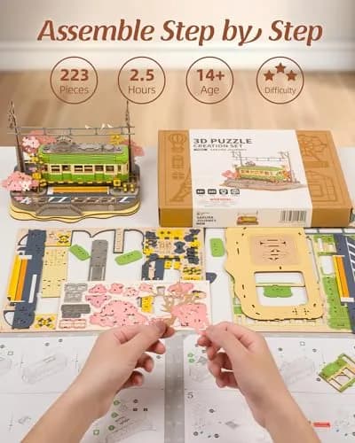 Rolife 3D Wooden Puzzle for Adults, Sakura Journey Tram DIY Model with LED Lights | Creative Home Decor & Brain Teaser thumbnail 6