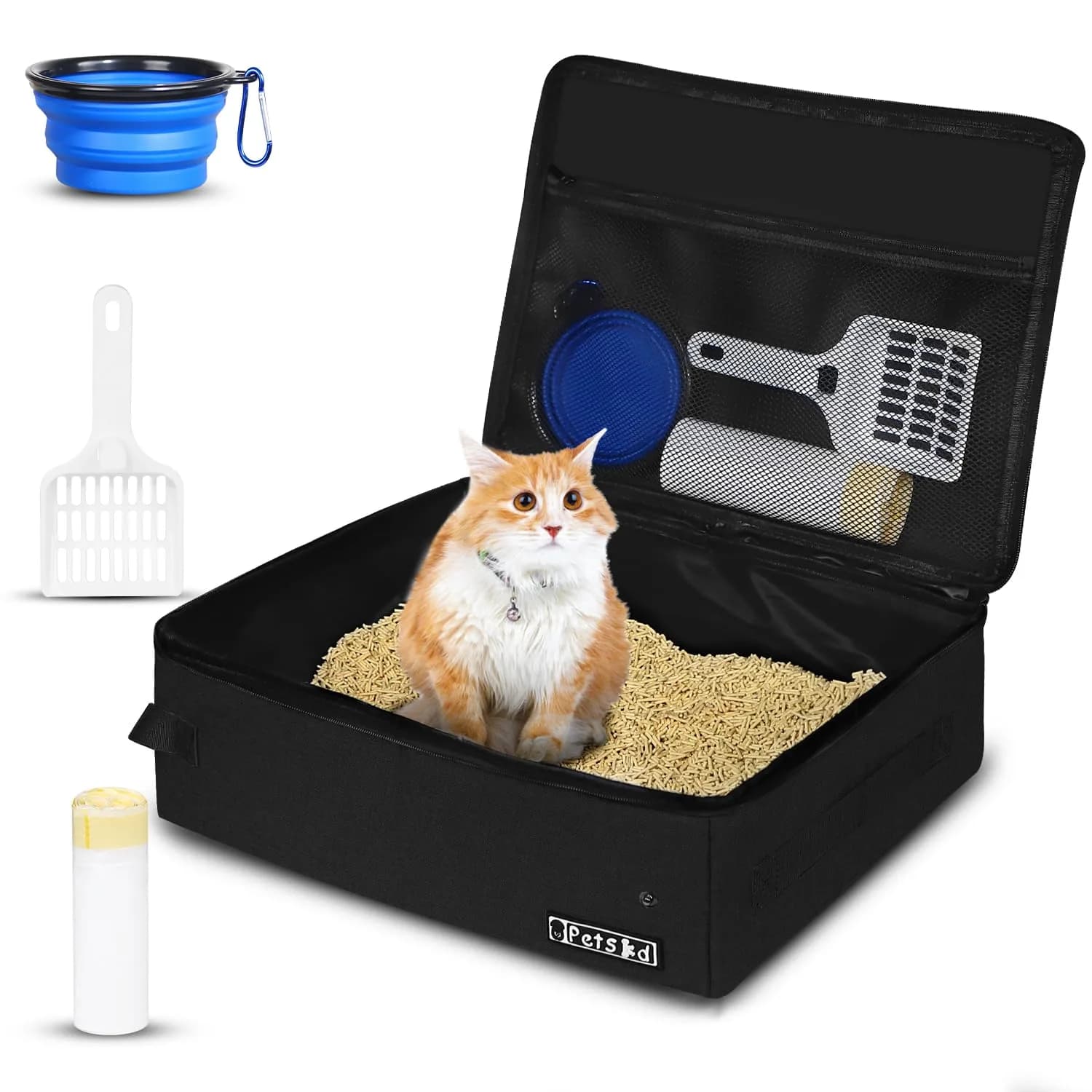 Petskd Portable Cat Travel Litter Box with Lid, Blue 40 cm (15.7 in) | Leakproof & Odor-Preventing for Travel — Black / Large