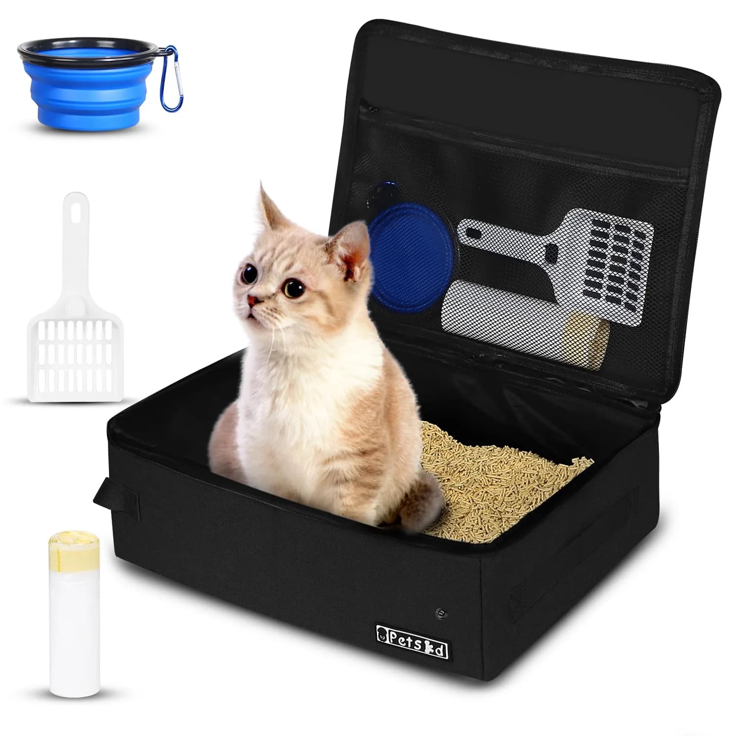 Petskd Portable Cat Travel Litter Box with Lid, Blue 40 cm (15.7 in) | Leakproof & Odor-Preventing for Travel — Black / Small