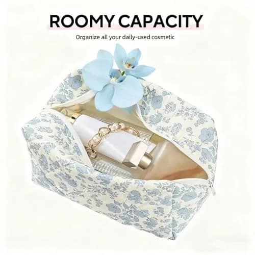 MZLUWM Puffy Coquette Floral Quilted Makeup Bag Large Fashionable Travel Pouch Cute Blue 20cm (7.8" L x 4.7" W x 3.9" H) thumbnail 2