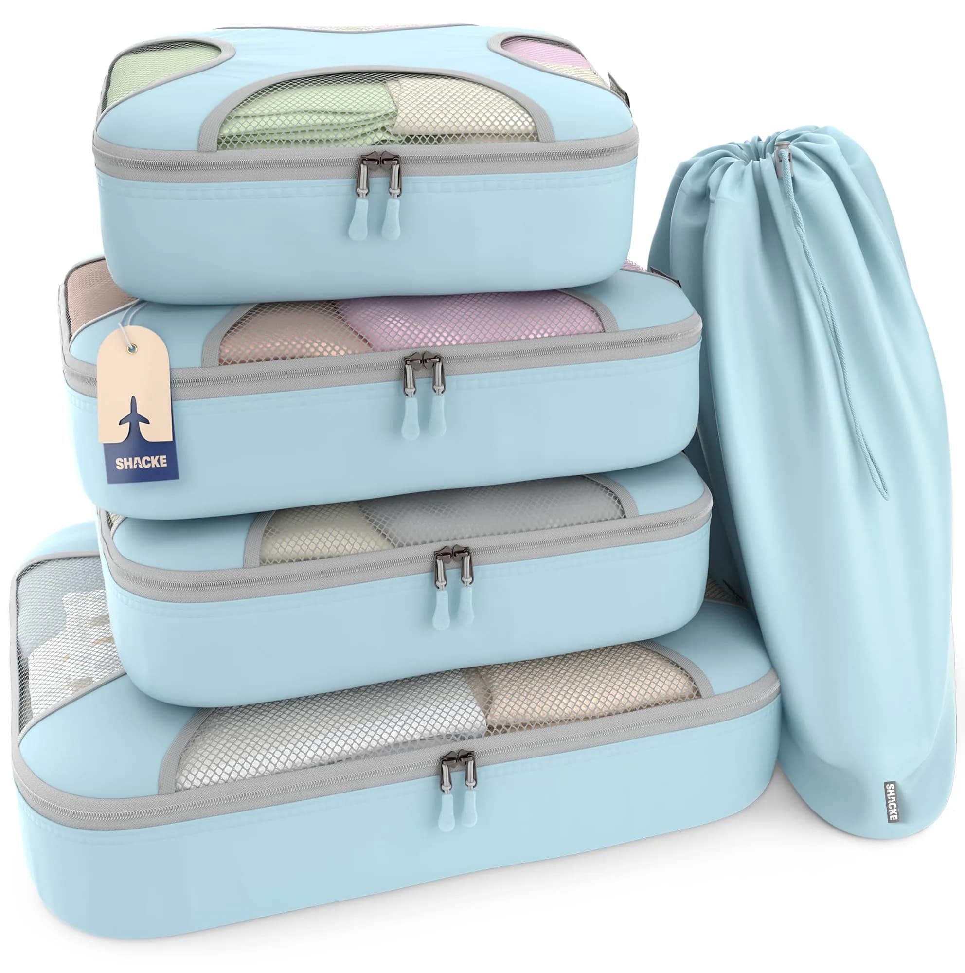 Shacke 5 Set Packing Cubes for Travel with Laundry Bag (Precious Pink) | Water-Resistant Nylon, 4 Deep Cubes, Laundry Separator — 5 Set - Sky Blue