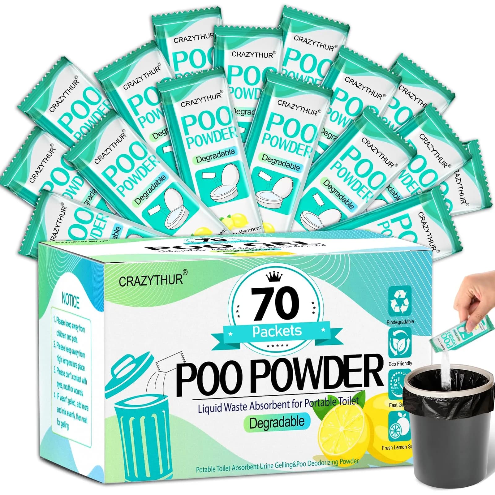 CRAZYTHUR Portable Toilet Gel Powder 70PCS Lemon Scent | Treats 650ml Urine Per Pack