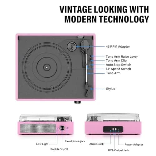 cotsoco Vinyl Record Player with 2 Stereo Speakers 3 Speed Wireless Bluetooth Pink | Retro Turntable thumbnail 2