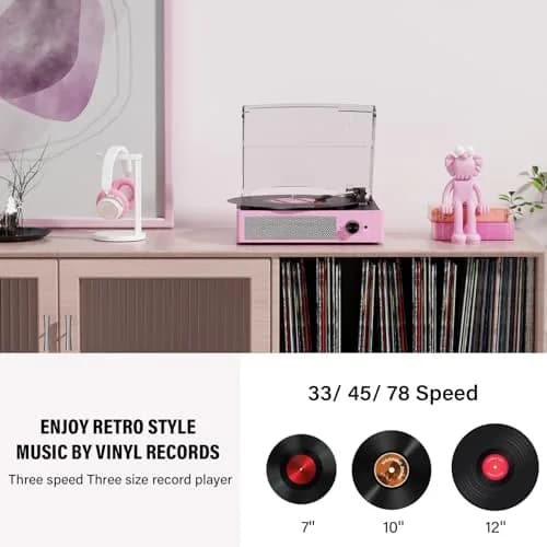 cotsoco Vinyl Record Player with 2 Stereo Speakers 3 Speed Wireless Bluetooth Pink | Retro Turntable thumbnail 4