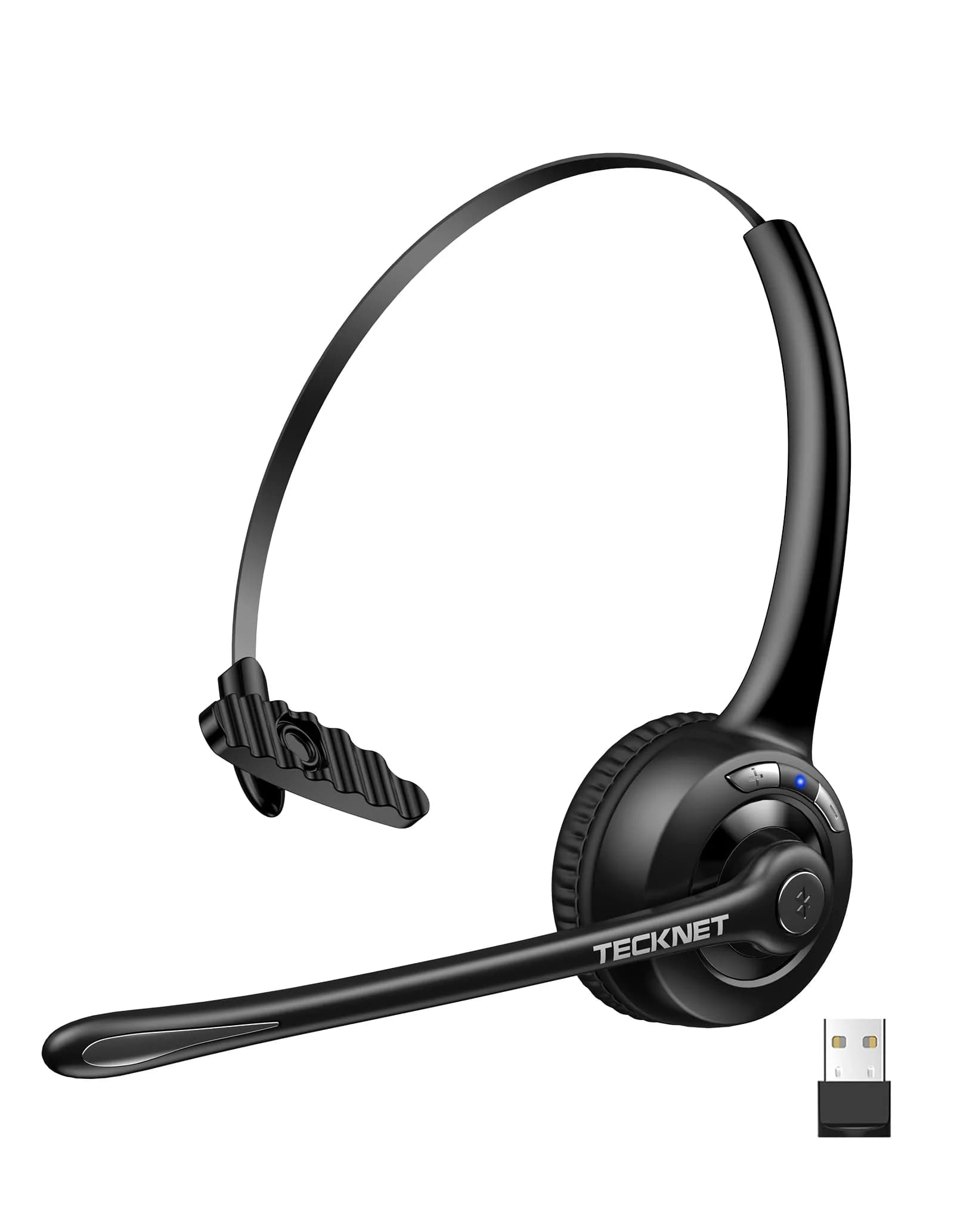 TECKNET Wireless Bluetooth Headset with Noise Cancelling Microphone, Single Ear On-Ear Headphones with Mute Button, Trucker Bluetooth Headset for Driving, Work, Office & Zoom Calls — Black