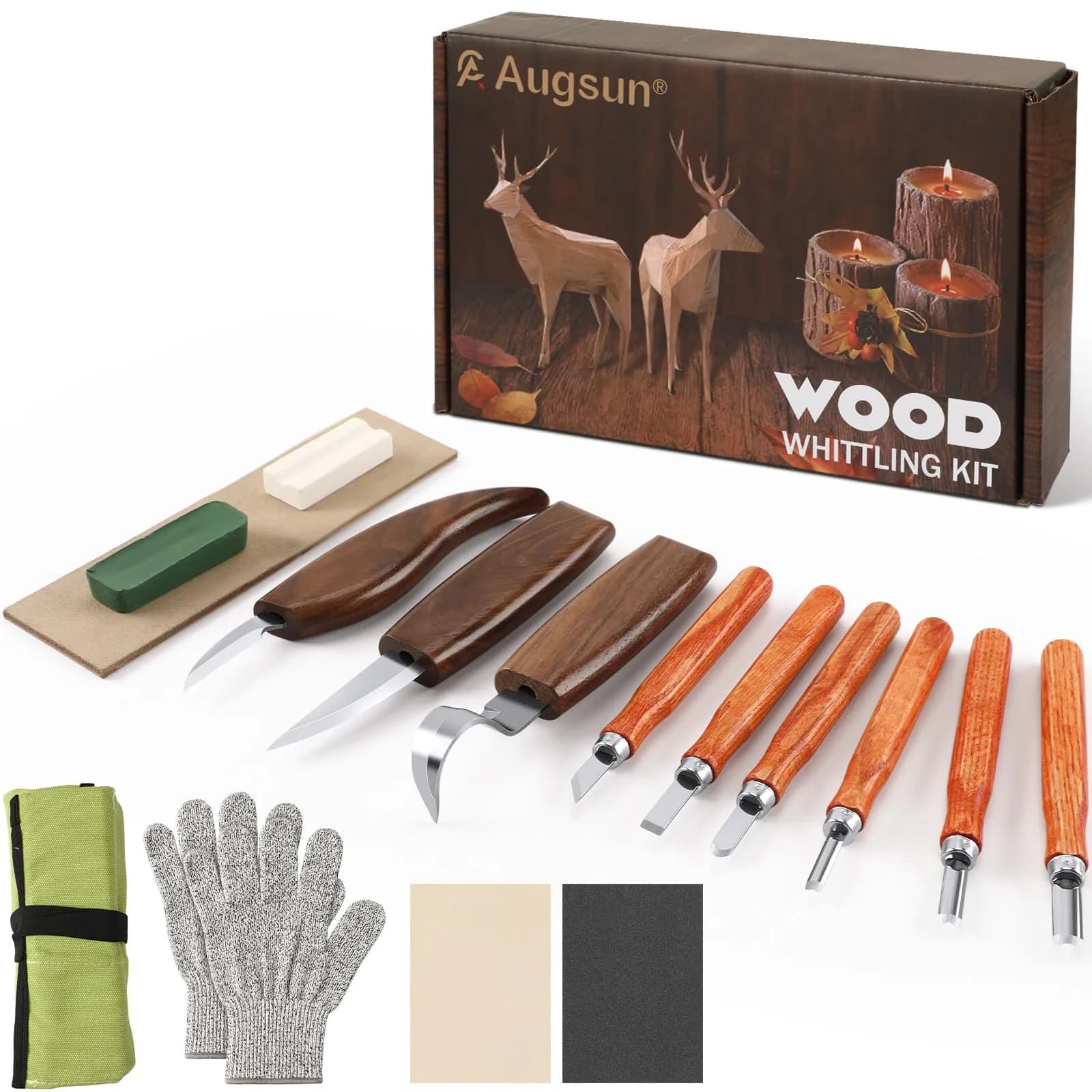 AUGSUN 17Pcs Wood Whittling Carving Tools for Beginners | Carbon Steel Blades, Ergonomic Handles, Cut-Proof Gloves Included