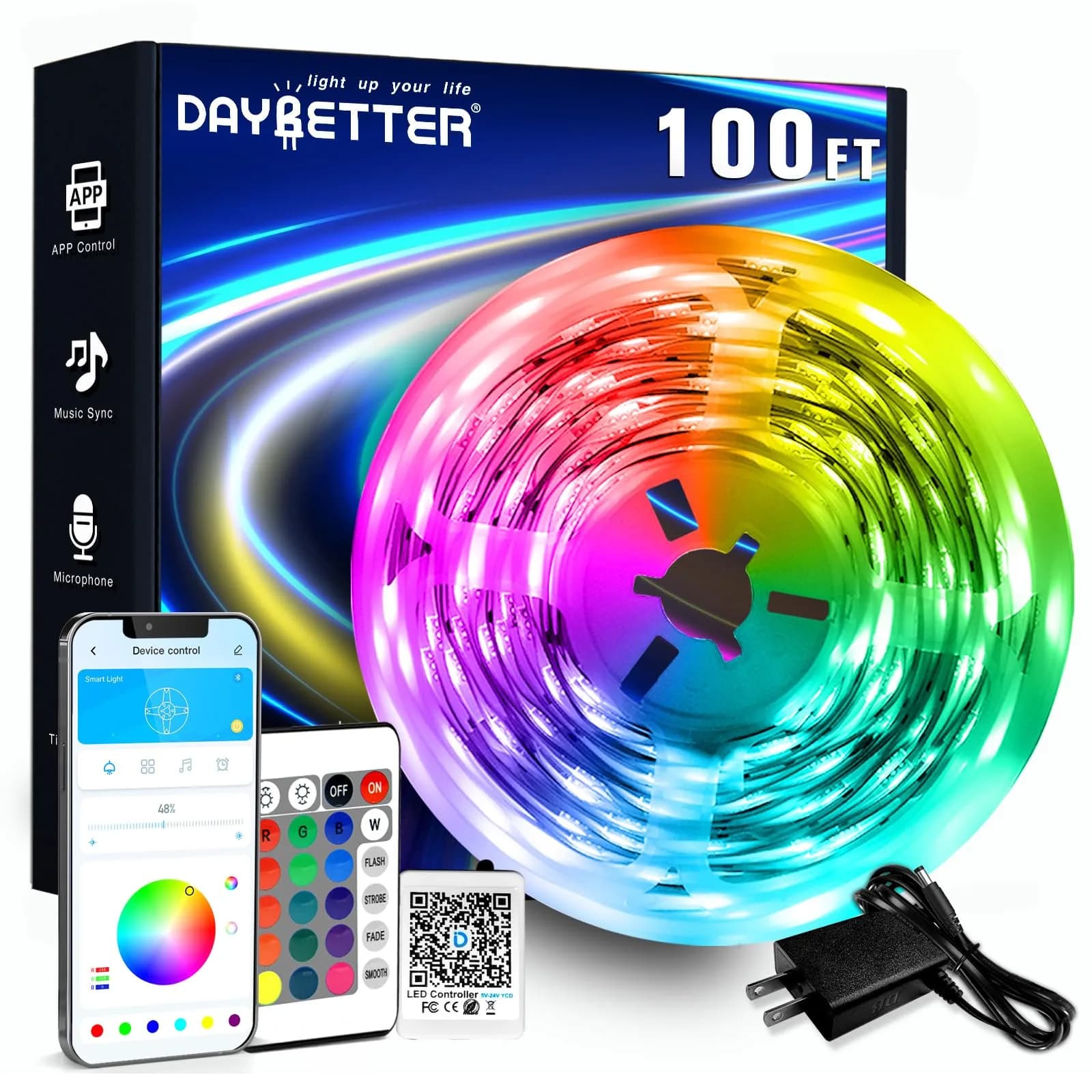 DAYBETTER RGB LED Strip Lights 30.48m (100ft) | Smart App & Remote Control for Bedroom Decor - main product image