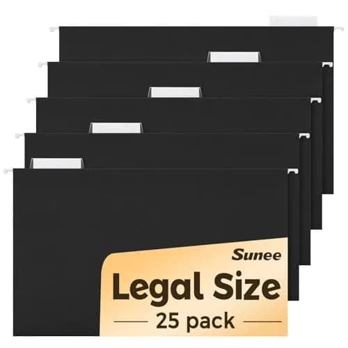 SUNEE Legal Size Hanging File Folders 25 Pack | Durable, Black, 1/5-Cut Tabs for Office & Home thumbnail 1