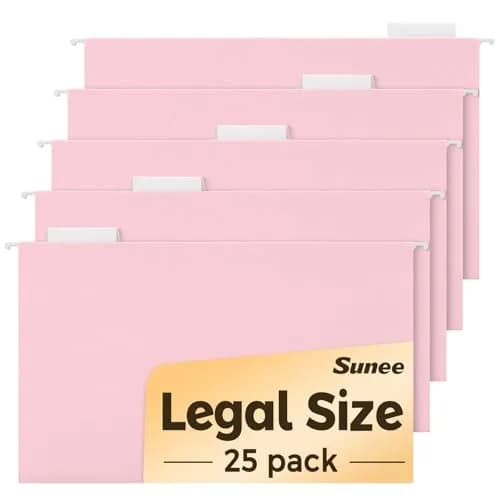 SUNEE Legal Size Hanging File Folders 9.2"x14.8" Pink 25 Pack 1/5-Cut Tabs | Stay Organized for Home and Office thumbnail 1