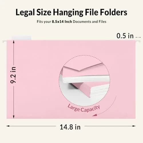 SUNEE Legal Size Hanging File Folders 9.2"x14.8" Pink 25 Pack 1/5-Cut Tabs | Stay Organized for Home and Office thumbnail 2