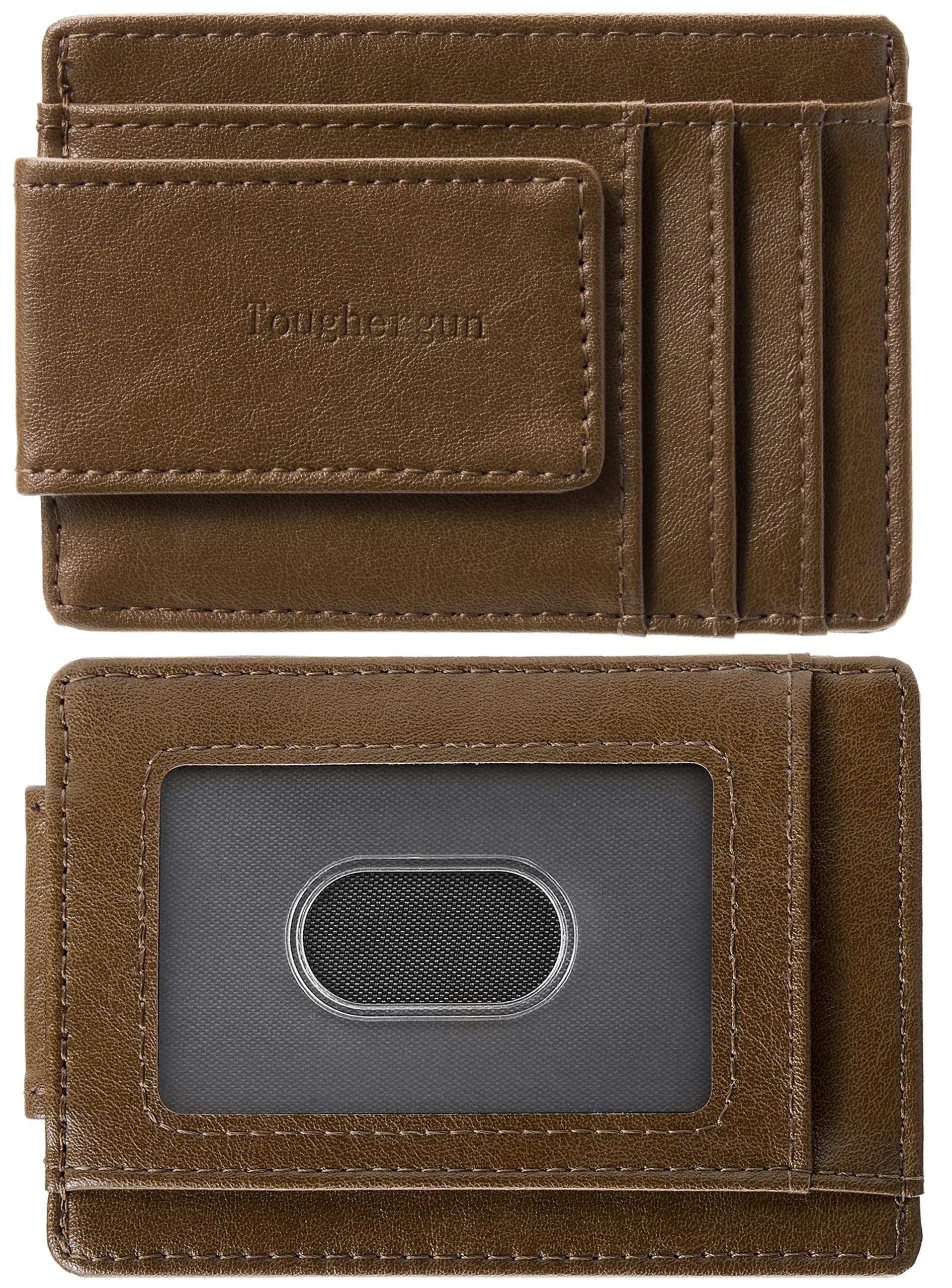 Toughergun Slim Wallet for Men RFID Blocking Money Clip, Minimalist Front Pocket Credit Card Holder, Magnetic Thin Mens Wallets with ID Window (Wax Brown)