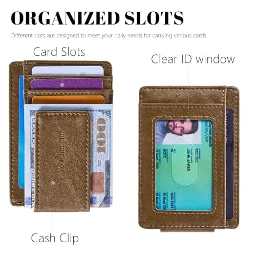 Toughergun Slim Wallet for Men RFID Blocking Money Clip, Minimalist Front Pocket Credit Card Holder, Magnetic Thin Mens Wallets with ID Window (Wax Brown) thumbnail 4