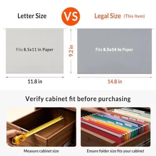 SUNEE Legal Size Hanging File Folders (9.2"x14.8") | 25 Pack, Gray, 1/5-Cut Tabs, Durable Office & Home Organization thumbnail 6