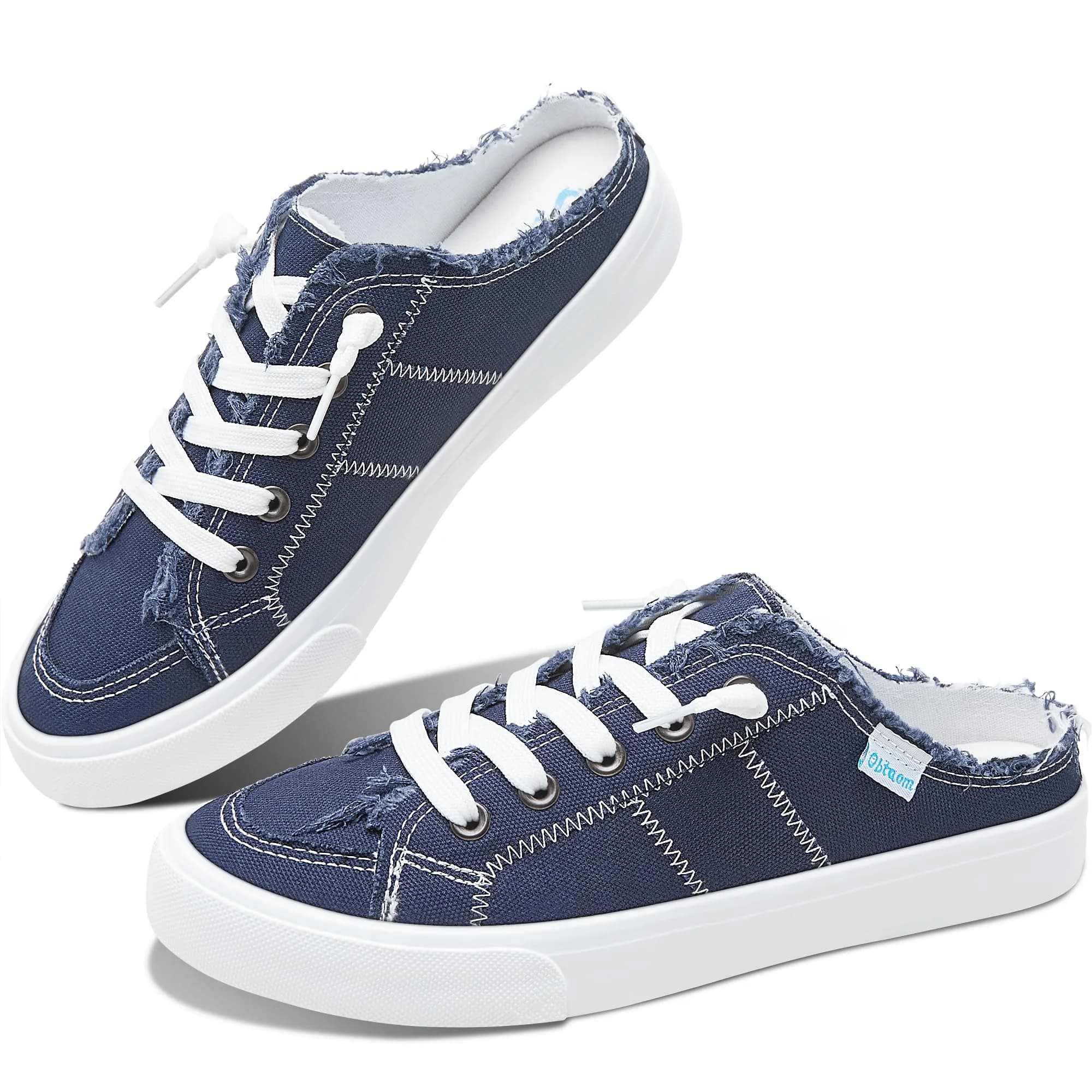 Obtaom Women's Canvas Mule Sneakers Navy US 8 | Memory Foam Slip-on Backless Holiday Shoes